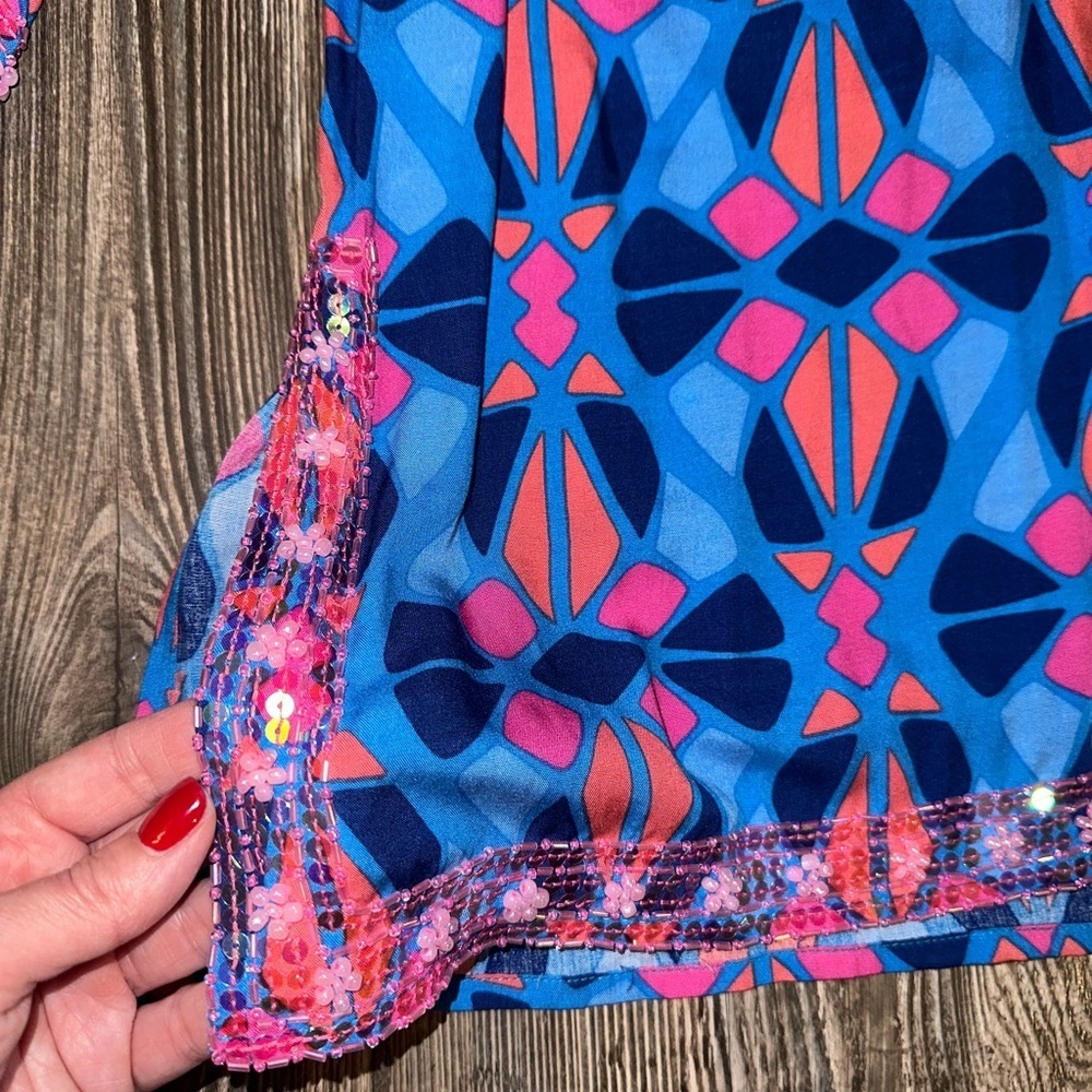 Escapada Living Beaded Blue Mosaic Tunic Coastal Sapphire 3/4 Sleeve Sz Medium - Picture 3 of 11